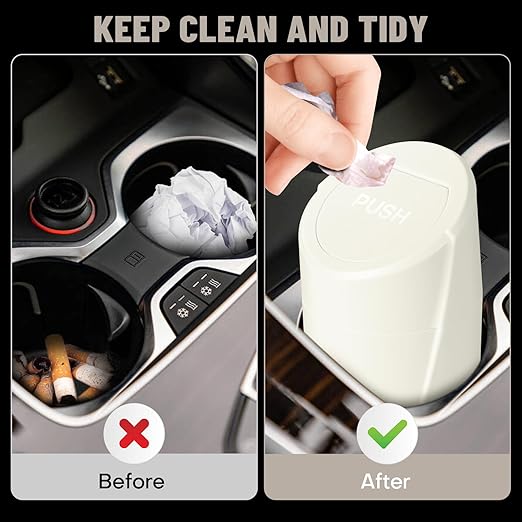 Car Trash Can Bin with Lid - Car Garbage Can Cup Holder - Cream Mini Leakproof Vehicle Garbage Bin with 20pcs Trash Bags-Automotive Organizers and Storage for Front Back Seat Accessories