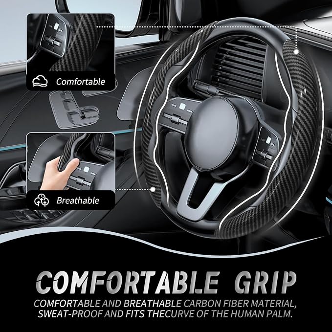 WOCOCN 2pcs Car Steering Wheel Cover,Anti-Skid Carbon Fiber Steering Wheel Protector for Men Women,Multiple Color Options,Universal for Most Car Interiors Accessories (Bright Black)