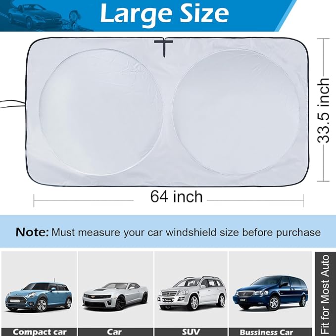 IC ICLOVER Car Windshield Sun Shade, 210T Material Foldable Front Window Sun Visor Protector, Blocks Heat and UV Rays Sun Protection Shield, Keep Your Car Cool, Fits Vans, MPV, Large Vehicles (Large)