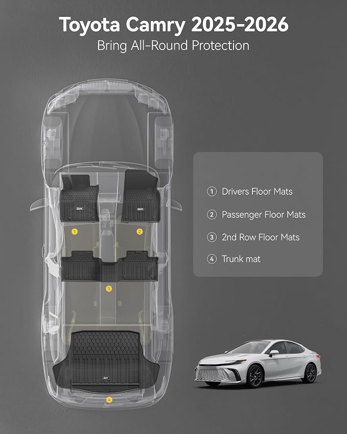 3W Floor Mats & Cargo Liner for Toyota Camry 2025 2026 (Hybrid/LE/SE/XLE/XSE), TPE All Weather Custom Fit Camry 1st & 2nd Row and Trunk Mat, Black