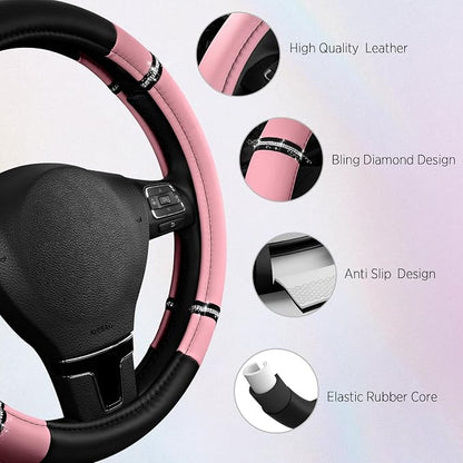Road Comfort Leather Steering Wheel Cover – Premium Anti-Slip Car Steering Wheel Grip Cover – Universal Fit for 14.5”–15” Cars, Trucks & SUVs - Pink