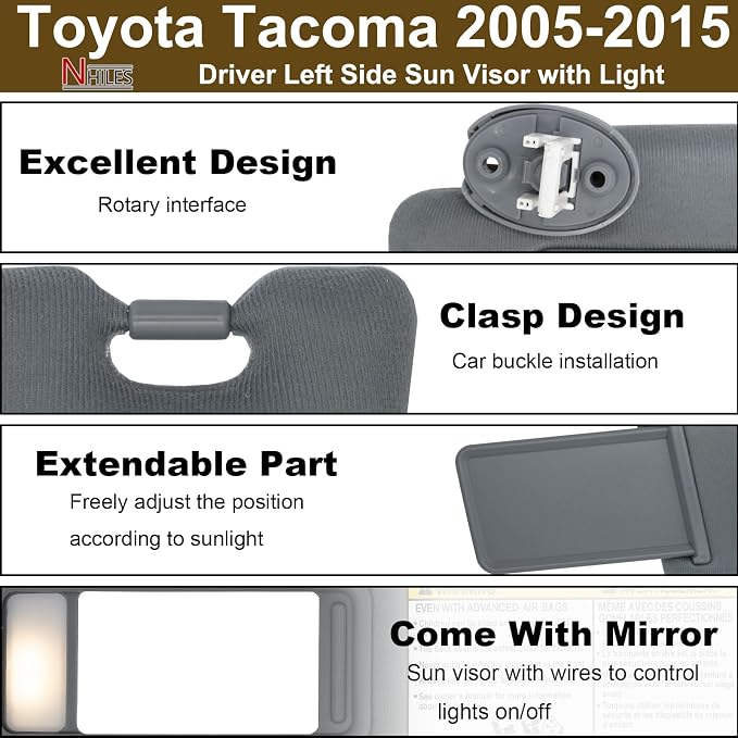 NHILES Driver Left Side Sun Visor Replacement Fits for Toyota Tacoma 2005-2015 Sunshade with Light 7432004210B0 Color Dark Gray