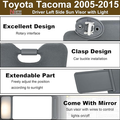NHILES Driver Left Side Sun Visor Replacement Fits for Toyota Tacoma 2005-2015 Sunshade with Light 7432004210B0 Color Dark Gray