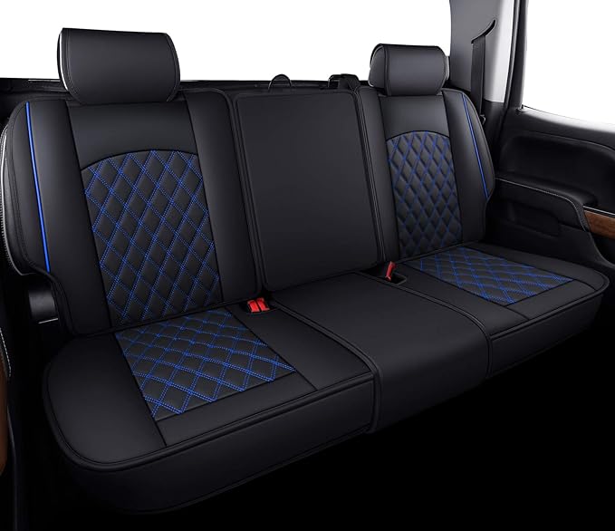 Aierxuan Back Seat Covers Compatible with Chevy Silverado GMC Sierra Pickup Custom Fit 2007-2026 1500 2500HD 3500HD Crew Double Extended Cab Waterproof Leather Split Bench (Rear Seat/Blue)