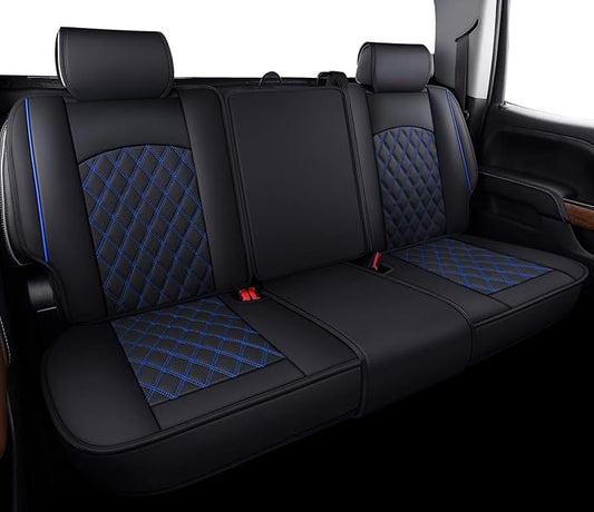 Aierxuan Back Seat Covers Compatible with Chevy Silverado GMC Sierra Pickup Custom Fit 2007-2026 1500 2500HD 3500HD Crew Double Extended Cab Waterproof Leather Split Bench (Rear Seat/Blue)