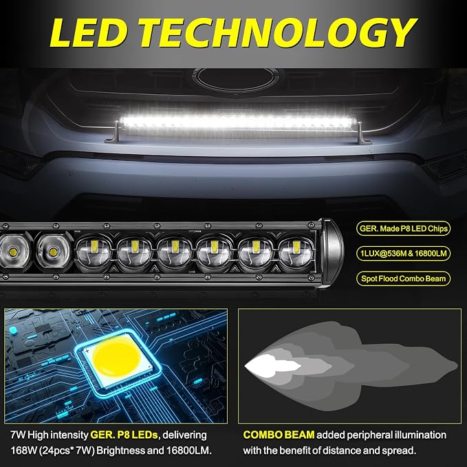 30 Inch Light Bar Kit, AKD Part 168W OSRAM LED Slim Single Row LED Light Bar w/Wiring Harness Black Cover Spot Flood Combo Offroad Driving Bumper Grille Roof Lights for Trucks Pickup UTV SUV RZR