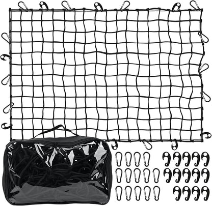 5’ x 7'Cargo Net for Pickup Truck Bed Stretches to 10' x 14' Heavy-Duty, Mesh Square Latex Bungee Netting with 14 Metal Carabiners + 14 Hooks- Compatible with Ford, Dodge RAM, Chevy, Toyota