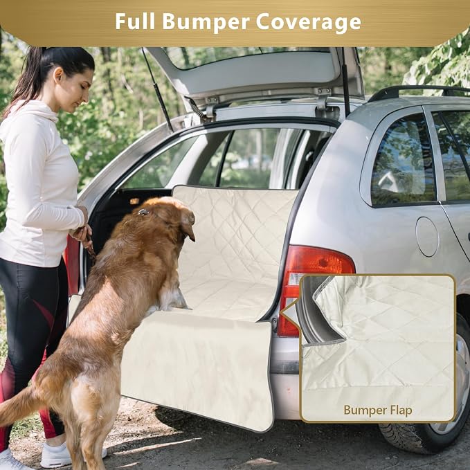 F-color SUV Cargo Liner for Dogs, Water Resistant Pet Cargo Cover Dog Seat Cover Mat for SUVs Sedans Vans with Bumper Flap Protector, Non-Slip, Large Size Universal Fit, Beige