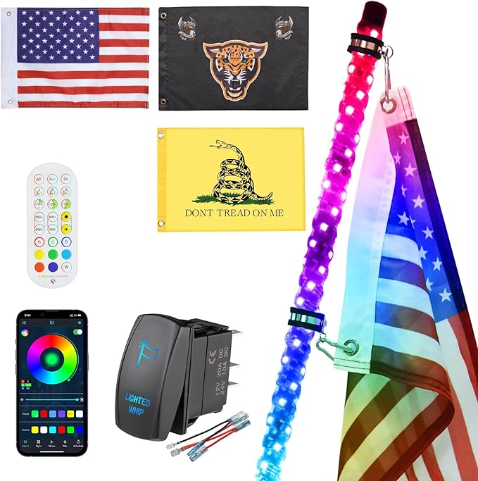 Ehaho 1 Pack 2FT Whip Lights,LED Whip Light with App & Remote Control, Spiral RGB Chasing Lighted Whips with Rocker Switch, Music Whip Light for UTV ATV Polaris RZR Can-Am SXS Truck