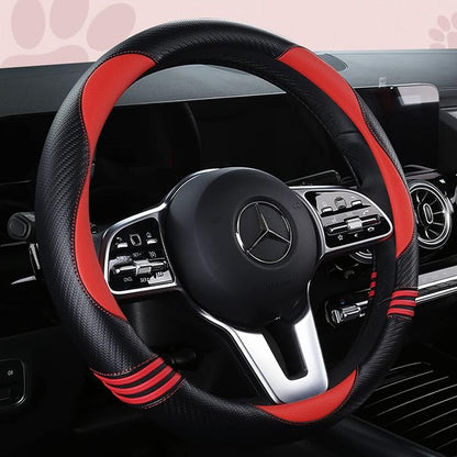 HighnessHwoo Car Steering Wheel Covers for Women Girl Padded Carbon Fiber PU Leather Cute Cartoon Auto Interior Accessories for Jeep, Truck, Universal, Anti Slip, Red, Large Size, 15.2-16in