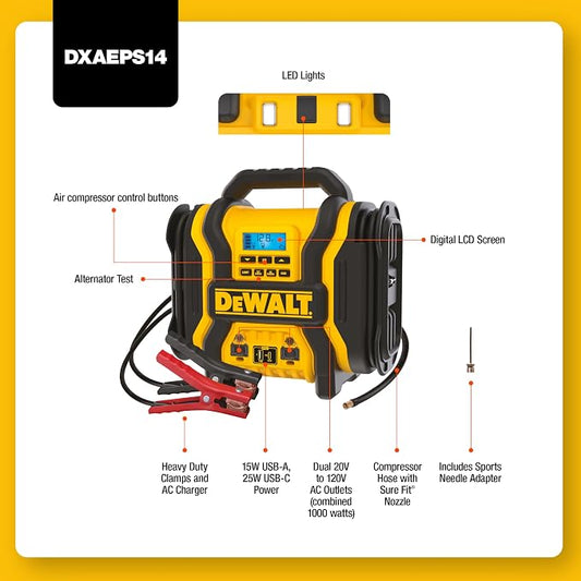 DEWALT DXAEPS14 2000 Peak Battery Amp 12V Automotive Battery Booster Jump Starter/Power Station with 120 PSI Compressor, 500W AC Power Inverter, and 15W USBa & 25W USB Ports
