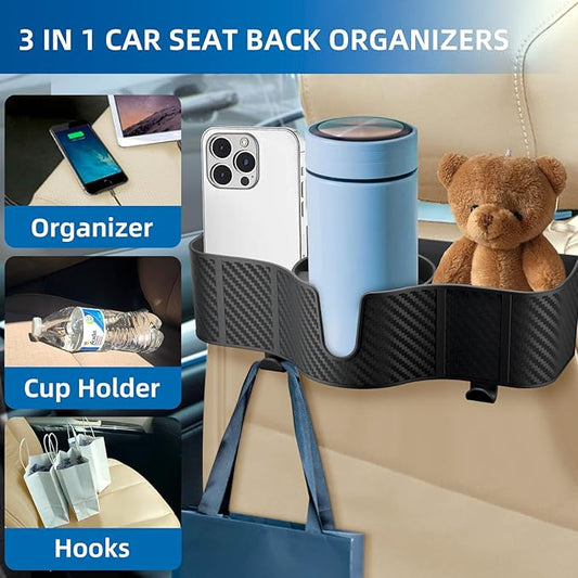 OUSHASAA 3-in-1 Car Headrest Backseat Organizer with 3.7" Backseat Cup Holder for Car, Seat Back Organizer with Hooks (2pc)