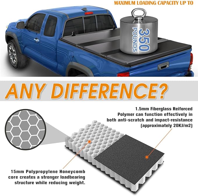 FRP Hard Tri-Fold Tonneau Cover Compatible with 2019-2024 Ford Ranger Truck Bed Cover, fits 5ft Fleetside Bed Models