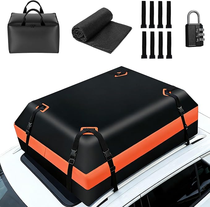 15 CuFt Car Rooftop Cargo Carrier Bag, 100% Waterproof Heavy Duty Car Roof Top Carrier for All Vehicles with/Without Racks, Includes Anti-Slip Mat, 8 Reinforced Straps, Lock & 6 Door Hooks