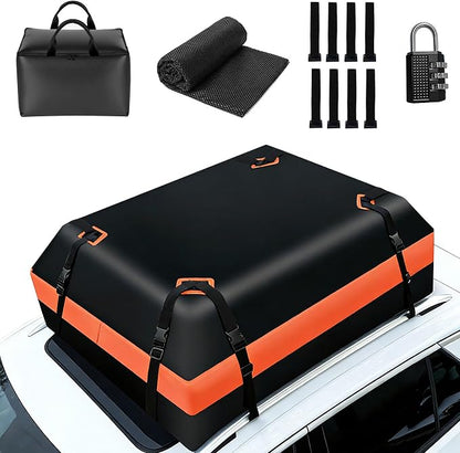 15 CuFt Car Rooftop Cargo Carrier Bag, 100% Waterproof Heavy Duty Car Roof Top Carrier for All Vehicles with/Without Racks, Includes Anti-Slip Mat, 8 Reinforced Straps, Lock & 6 Door Hooks