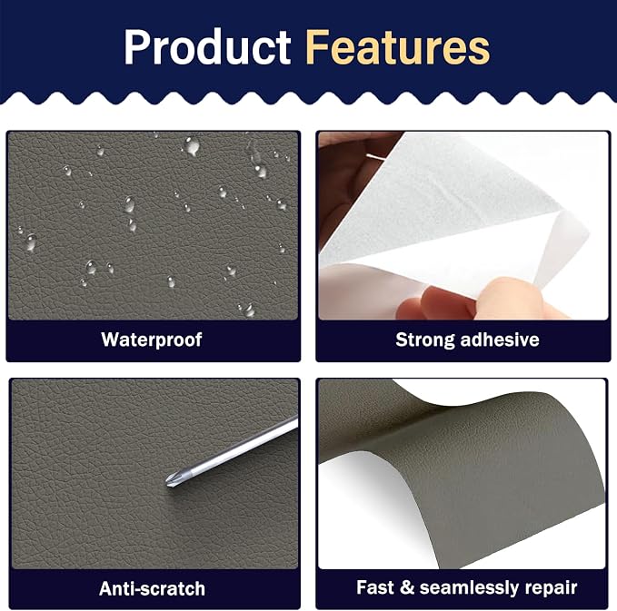 Zenyao Leather Repair Patch Tape - Self Adhesive Leather Repair Kit for Car Seat Furniture, Heavy Duty Vinyl Repair Patch for Couch Sofa, Waterproof Fix for Tears, 16x30 Inch Roll, Light Grey