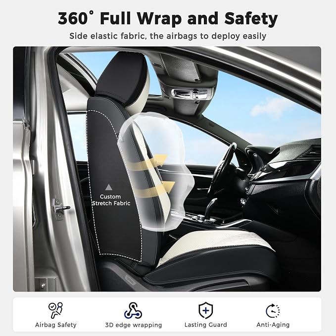 Huidasource Universal Fit Car Seat Covers Front Seat, 360° Full Wrap Luxury Nappa Leather Seat Cover Fit for Most Cars SUV Trucks, Waterproof Seat Covers with Lumbar Support, Black & White