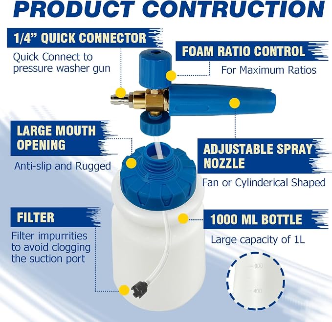 ESP Car Wash Foam Cannon, 1/4" Quick Connect Foam Gun with Adjustable Spray, Alloy Body, Wide Mouth Bottle & Versatile Converter for Car Cleaning & Outdoor Use
