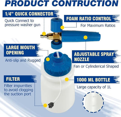 ESP Car Wash Foam Cannon, 1/4" Quick Connect Foam Gun with Adjustable Spray, Alloy Body, Wide Mouth Bottle & Versatile Converter for Car Cleaning & Outdoor Use