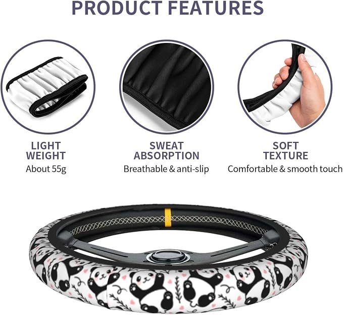 Cute Cartoon Panda Steering Wheel Covers Non Slip Neoprene Universal 15 Inch Steering Wheel Protector Car Cover for Men Women