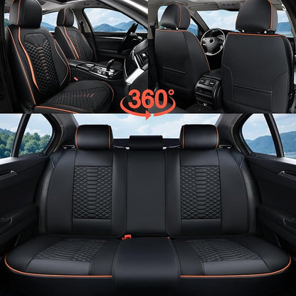 Coverado Leather Seat Covers, Car Seat Covers Full Set, Nappa Leather Seat Covers for Cars, Car Seat Protectors Waterproof, 5 Seats Black&Orange Automotive Seat Covers Fit for Most Cars Trucks