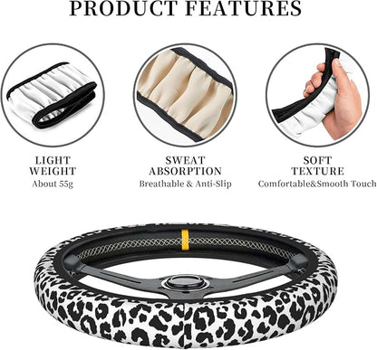 Black Leopard Print Steering Wheel Cover for Women & Men – Universal 15 Inch Car Accessories, Non-Slip & Stylish Design, Fits Most Cars, SUVs, and Auto