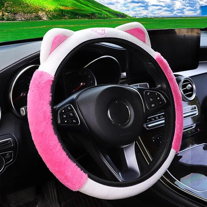 Bittwee Car Steering Wheel Cover, Fluffy Soft Plush for Winter Warm, Cute Steering Wheel Protector with Kitty Cat Ears, Universal 15 Inch, Elastic & Anti-Slip, Lovely Decor Car Accessories (Rose Red)