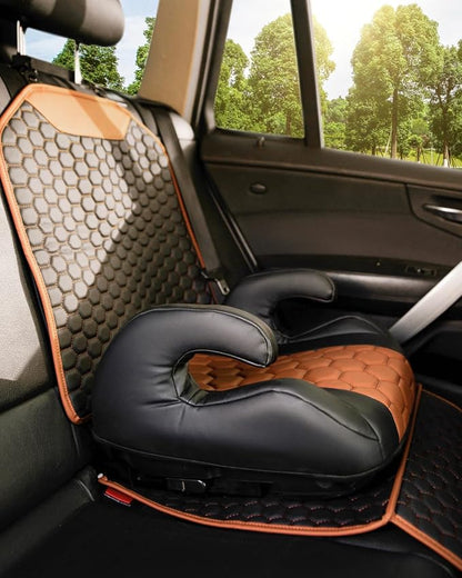 Owleys Backless Booster Car Seat with Latch Connectors, Kids Booster Seat for Car 40-100 lbs, Waterproof Eco Leather Cushion & Anti-Slip Base, Portable Travel Design for Ages 4-12, Black-Brown