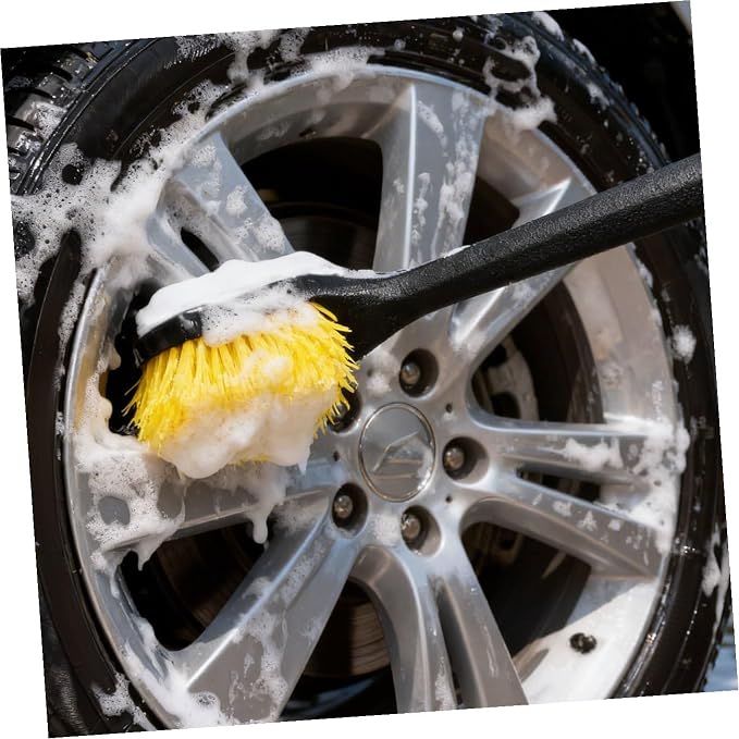 Operitacx Car Tire and Wheel Brush with Long Handle Stiff Nylon Bristles for Car Detailing and Tire Cleaning Yellow Sturdy Rim Scrubber Suitable and Wheel Care