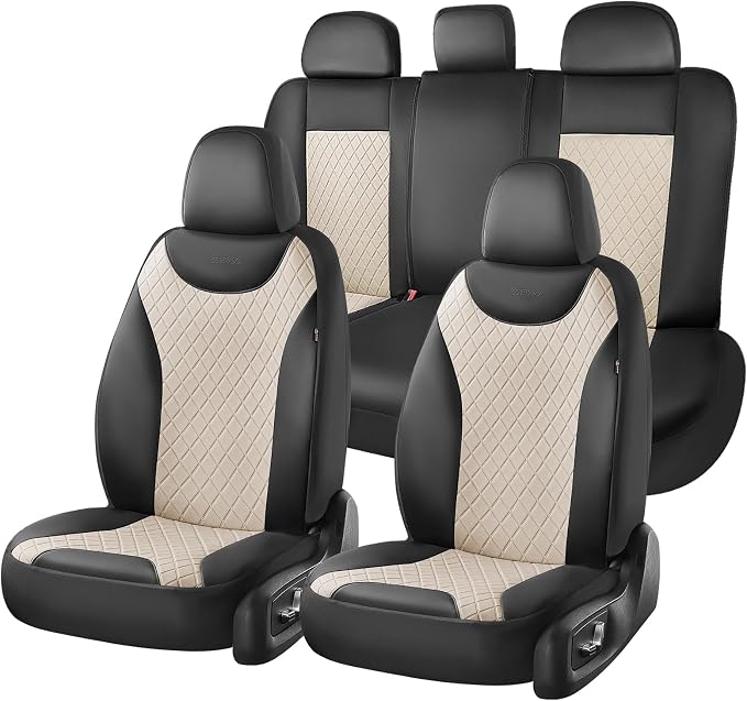 Coverado Car Seat Covers Full Set, Leather Seat Covers for Cars, Waterproof Car Seat Protectors, Front and Back Seat Covers Car Seat Cushions Universal Fit for Most Sedans, SUV, Trucks, Black & Beige