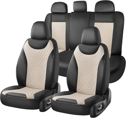 Coverado Car Seat Covers Full Set, Leather Seat Covers for Cars, Waterproof Car Seat Protectors, Front and Back Seat Covers Car Seat Cushions Universal Fit for Most Sedans, SUV, Trucks, Black & Beige
