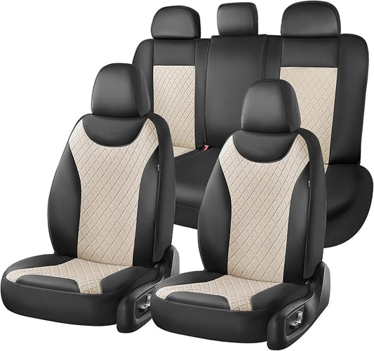 Coverado Front and Back Seat Covers, 5-Pack Universal Seat Covers for Cars, Leather & Fabric Splicing Design Car Seat Protectors, Waterproof Seat Cushions Universal for Most Vehicles, Black & Beige