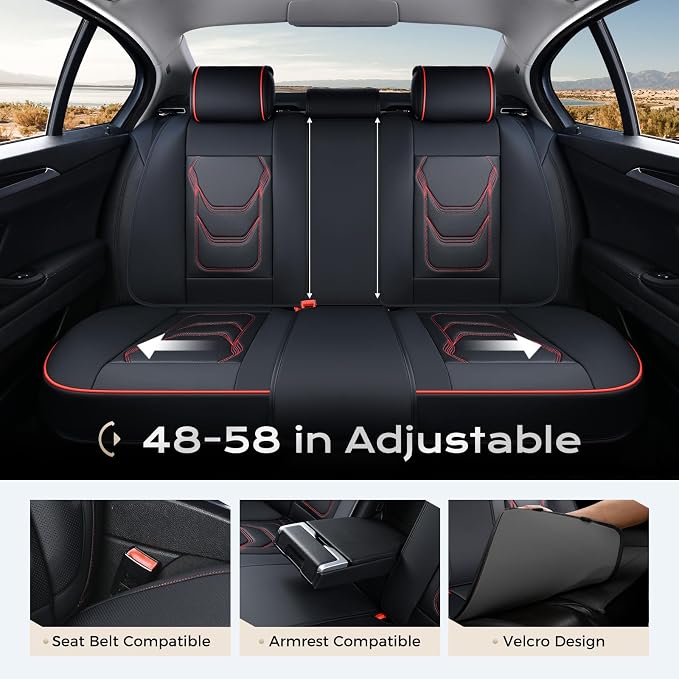 Coverado Car Seat Covers Full Sets, 5 Piece Car Seat Protector Waterproof Leather Seat Cushion Universal Fit for Truck Automotive Vehicles Black&Red