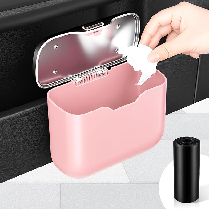 UYYE Car Trash Can, Car Garbage Bin with Lid & Handle - Leak-Proof Mini Trash Can for Car, Truck, SUV - Essential Car Accessories for Organization (Pink)