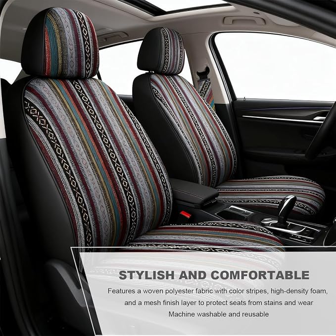 5 PCS Baja Saddle Blanket Car Seat Covers, Front Set Breathable Striped Woven Auto Seat Protector, Hippie Boho Airbag Compatible Seats Covers for Most Cars, SUVs, Trucks