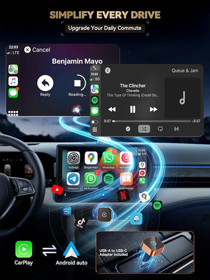 2026 Wireless CarPlay & Android Auto Adapter, 2-in-1 Mini Adapter for iPhone & Android, for USB-A/USB-C, Plug & Play, Fast Reconnect, Low Latency, Works with Most Cars with Wired CarPlay/Android Auto