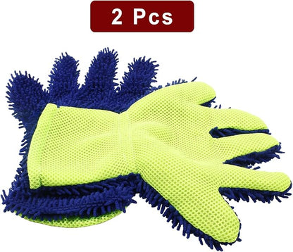 BokWin 2-Pack Car Wash Mitt Scratch Free, 5-Finger Microfiber Wash Mitts, Car Interior Exterior Cleaning Gloves, Auto Chenille Washing Sponge Kits for Cleaning Wheel Tight Spot(Blue)