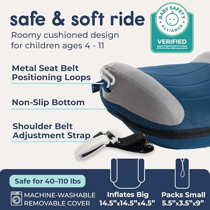 Hiccapop UberBoost Inflatable Booster Car Seat | Travel Booster Car Seat | Portable Booster Seat for Toddlers, Kids, Child (Navy/Gray)