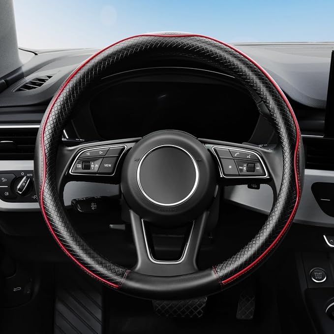 YHONGJT Soft Premium Leather Steering Wheel Cover, Breathable, Non-Slip Grip, Universal 15 Inch for Women Girls, Fit Vehicles, Sedans, SUVs, Vans, Trucks - Black with Red Line