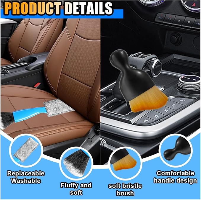 4PCS Car Interior Dust Brush, Soft Bristles Cleaning Brush Car Detailing Brush, Double Head Brush for Car Clean, Car Interior Crevice Brush for Cleaning Dashboard Panels Air Vent Leather (Yellow&Blue)