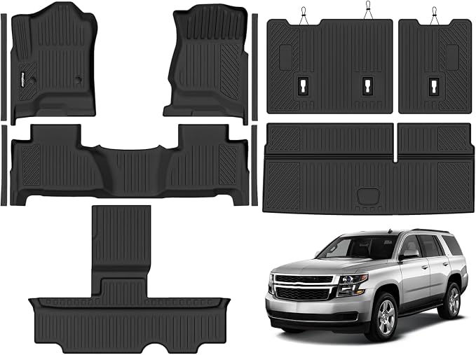 Floor Mats for 2015-2020 Chevrolet Tahoe/GMC Yukon 8 Seat Bench Seats, Trunk Mat and 2nd/3rd Backrest Mat & Door Sill Guard All Weather TPE Protector for Chevy Tahoe Accessories