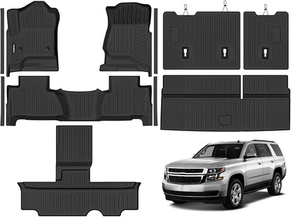 Floor Mats for 2015-2020 Chevrolet Tahoe/GMC Yukon 8 Seat Bench Seats, Trunk Mat and 2nd/3rd Backrest Mat & Door Sill Guard All Weather TPE Protector for Chevy Tahoe Accessories