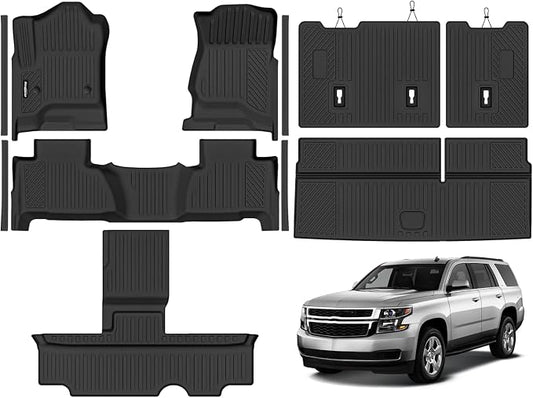 Floor Mats for 2015-2020 Chevrolet Tahoe/GMC Yukon 8 Seat Bench Seats, Trunk Mat and 2nd/3rd Backrest Mat & Door Sill Guard All Weather TPE Protector for Chevy Tahoe Accessories
