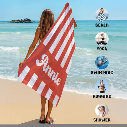 JML Personalized Beach Towel with Name, Custom Cabana Stripe Beach Towel, Customized Microfiber Pool Towel, Quick Dry & Absorbent Swim Towel for Adult,Mother's Day, Birthday, Summer Holiday,Vacation