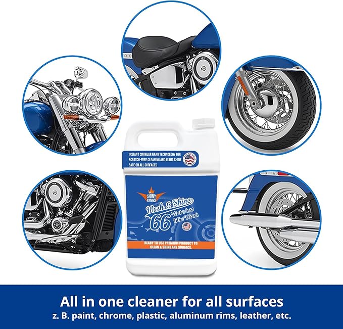 Shinykings Motorcycle Cleaner Wash&Shine 66 | WATERLESS BIke Wash with Ultra Shine Finish | Powerful Motorcycle Detailing Spray for All Surfaces | Bike Cleaner California | 1 Gallon