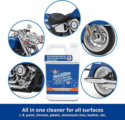 Shinykings Motorcycle Cleaner Wash&Shine 66 | WATERLESS BIke Wash with Ultra Shine Finish | Powerful Motorcycle Detailing Spray for All Surfaces | Bike Cleaner California | 1 Gallon