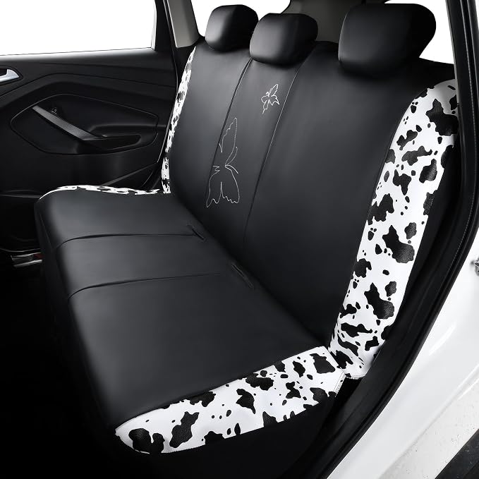 Flying Banner Butterfly car seat Covers ful Set Fashion Universal Lady Woman Female Rear Bench Split Colorized (Full Set - Faux Leather, Cow Print)