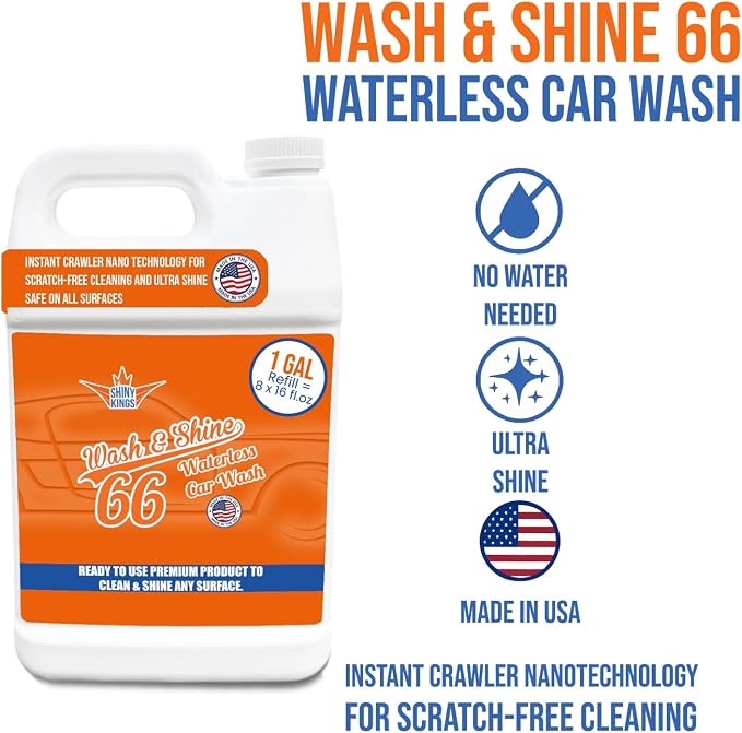 Shinykings Premium WATERLESS Car Wash with Ultra Car Shine Effect California Wash&Shine 66 | Powerful Car Wash Soap for All Surfaces | Scratch-Free & Biodegradable Car Cleaner | 1 GAL
