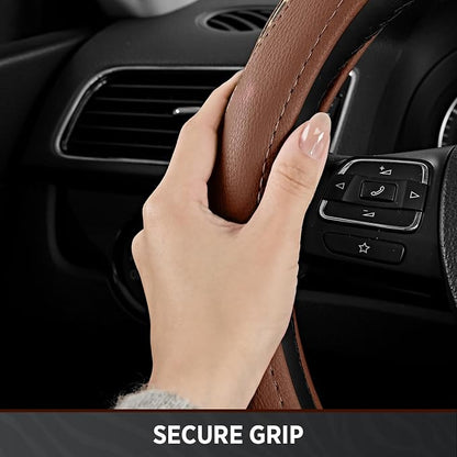 Road Comforts Steering Wheel Cover - Flat Bottom Wheel Cover Made with PVC Leather and Leopard Fabric - Universal Fit for 15-Inch D-Shaped Automotive Steering Wheels (Brown Color)