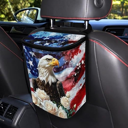 Talayituse Eagle Rose American Flag Print Car Trash Can Portable Auto Garbage Bin Paint Splatter Multifunctional Vehicle Interior Accessories with Adjustable Straps Universal Fit Truck SUV Sedan
